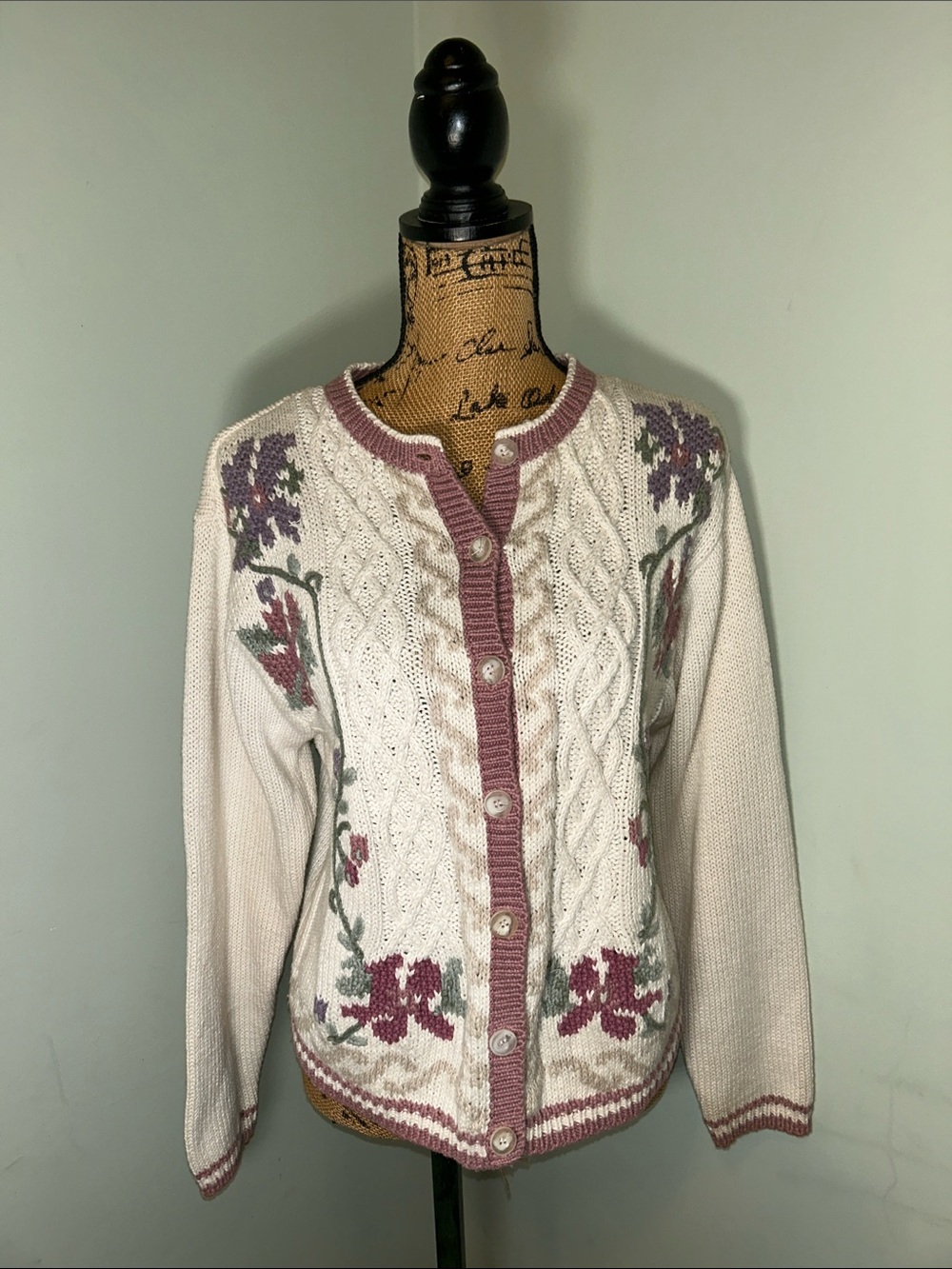 Vintage Granny Chic Cottagecore Quaint Floral Eclectic Cable Knit Cardigan M